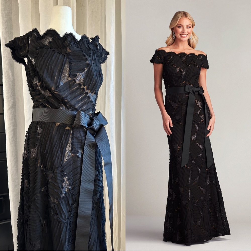 Tadashi Shoji Demie gown 8 black, sequins, ruffles.  Ribbon tie waist